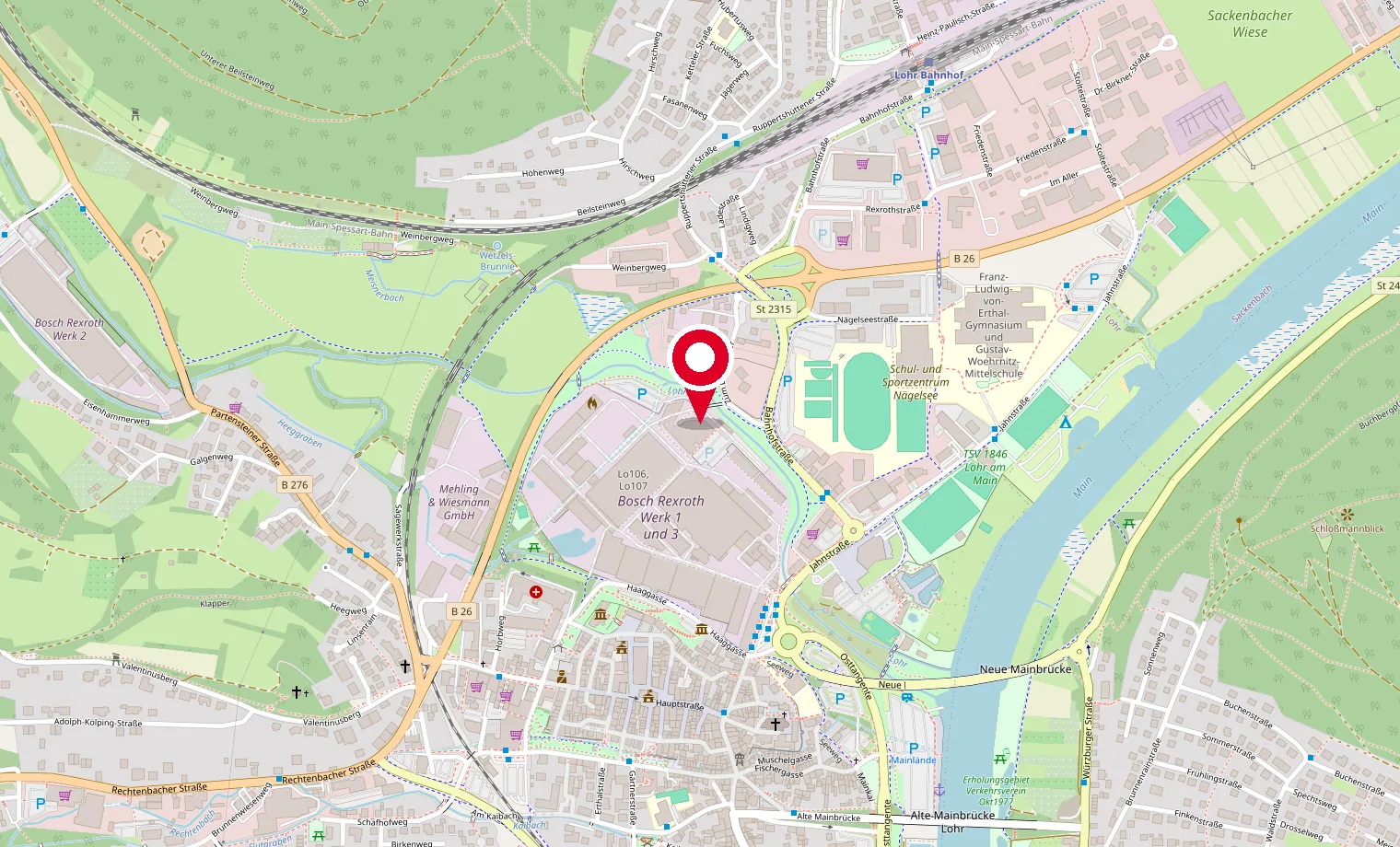 Map showing the location of the Georg Ludwig Rexroth Foundation in Lohr am Main, Germany